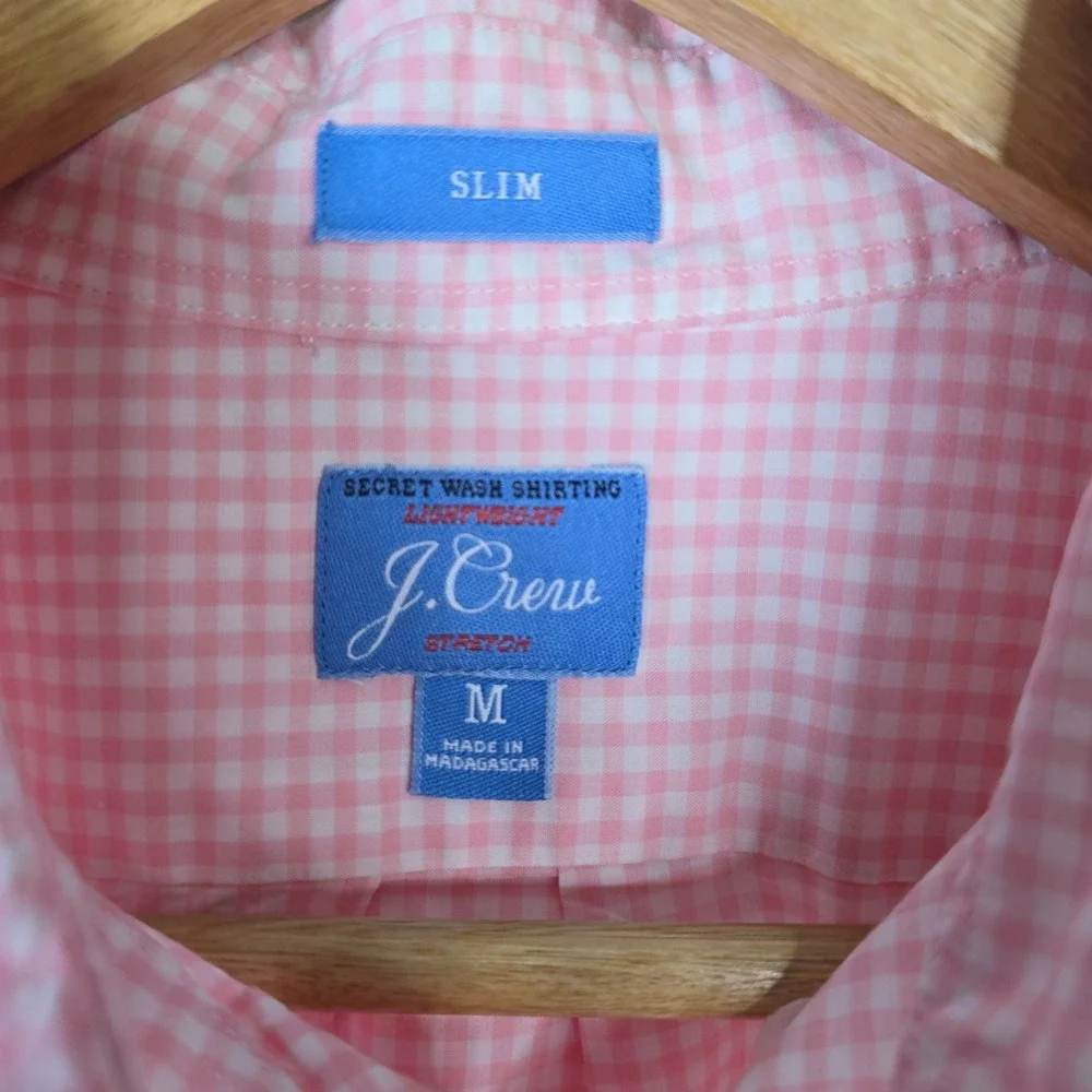 J. Crew Mens Slim Fit Pink Gingham Stretch‎ Button Down Shirt Size M